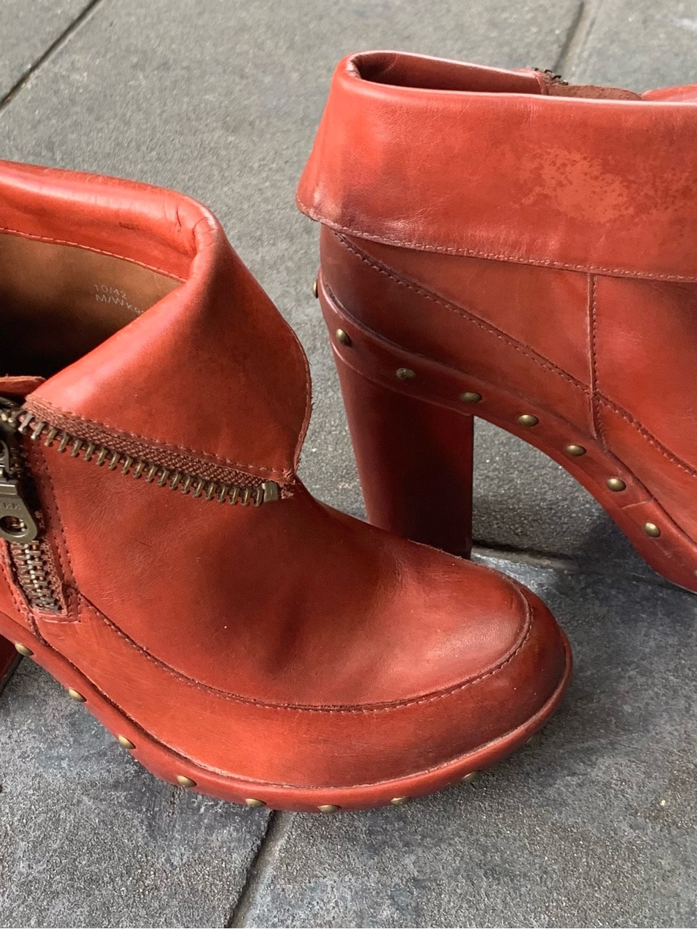 Women's Red Leather Zip Clog Booties with Studded Heel